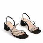 Black rhinestone block heel slip-on mules, square toe with crisscross straps