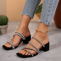 Black rhinestone block heel slip-on mules, square toe with multiple straps
