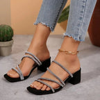 Black rhinestone block heel slip-on mules, square toe with multiple straps