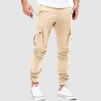 Beige cargo jogger pants with side cargo pockets and ribbed ankle cuffs