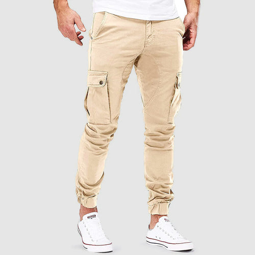 Beige cargo jogger pants with side cargo pockets and ribbed ankle cuffs