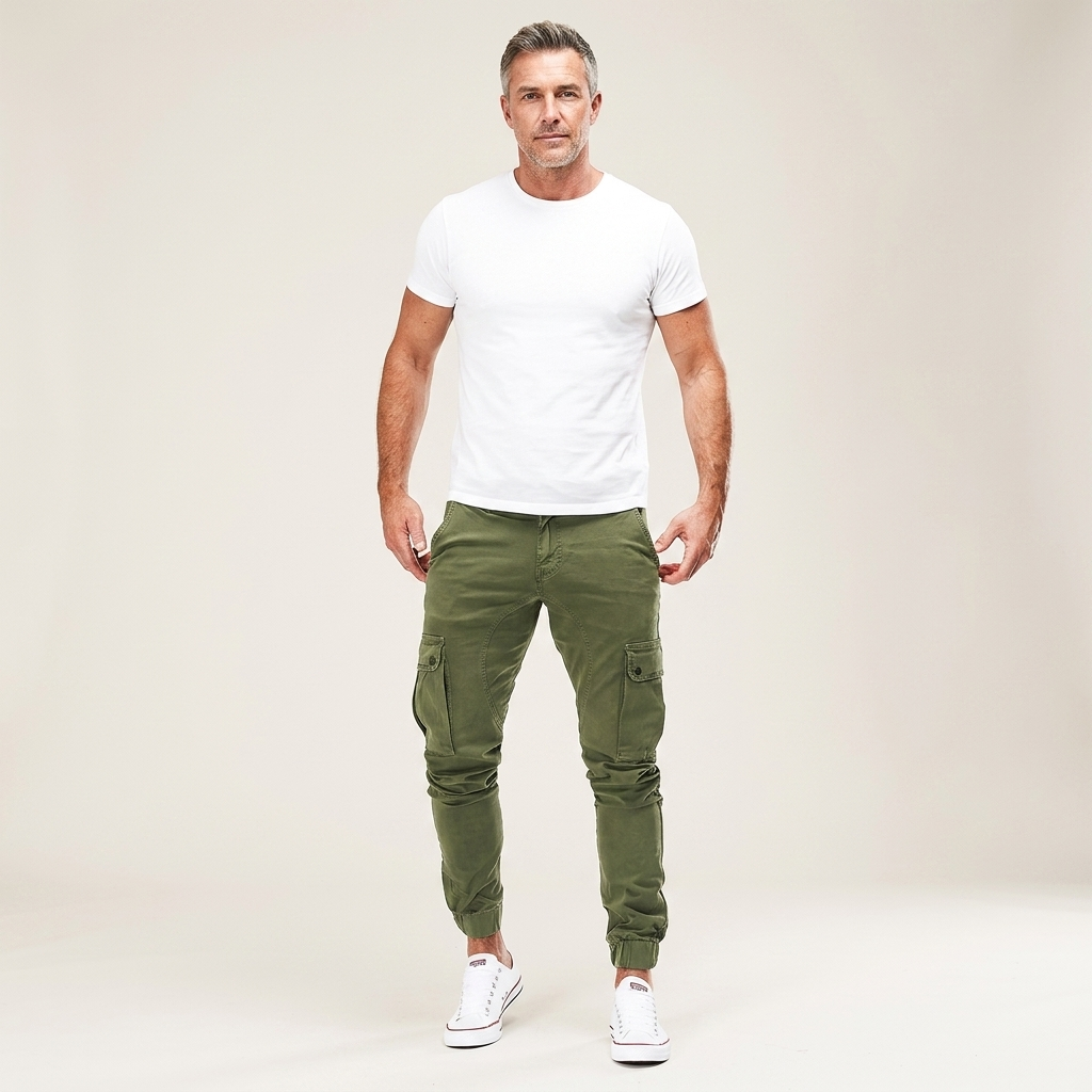 Men's green cargo jogger pants with elastic waist, drawstring, and side cargo pockets