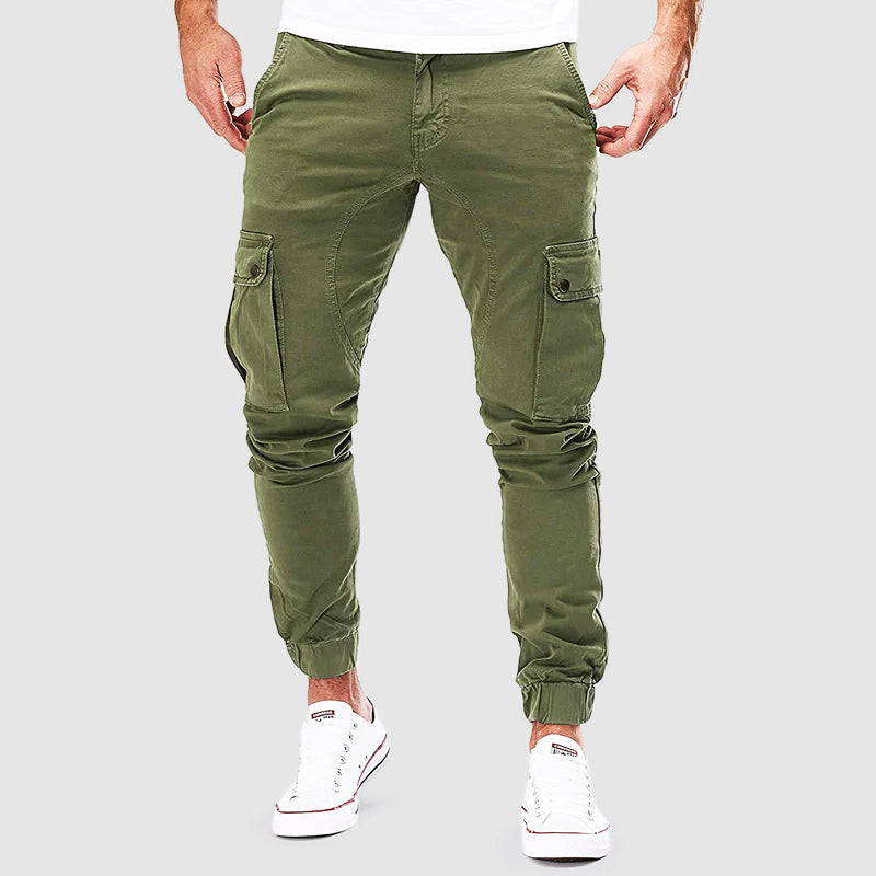 Green cargo jogger pants with side cargo pockets and elastic ankle cuffs