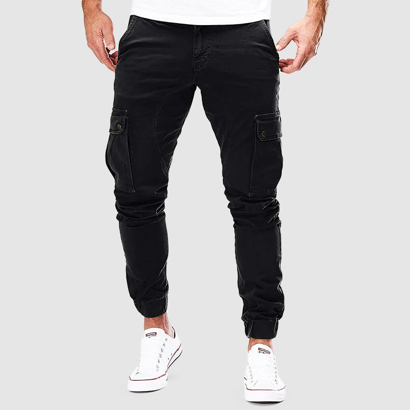 Black cargo jogger pants with side cargo pockets and elastic ankle cuffs