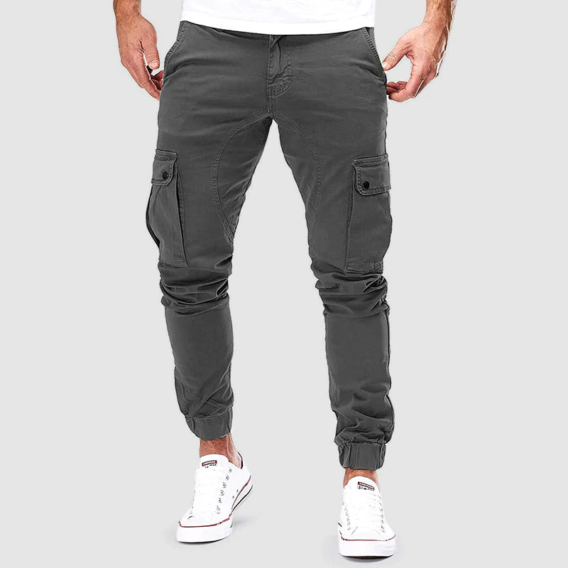 Dark gray cargo jogger pants with side cargo pockets and elastic ankle cuffs