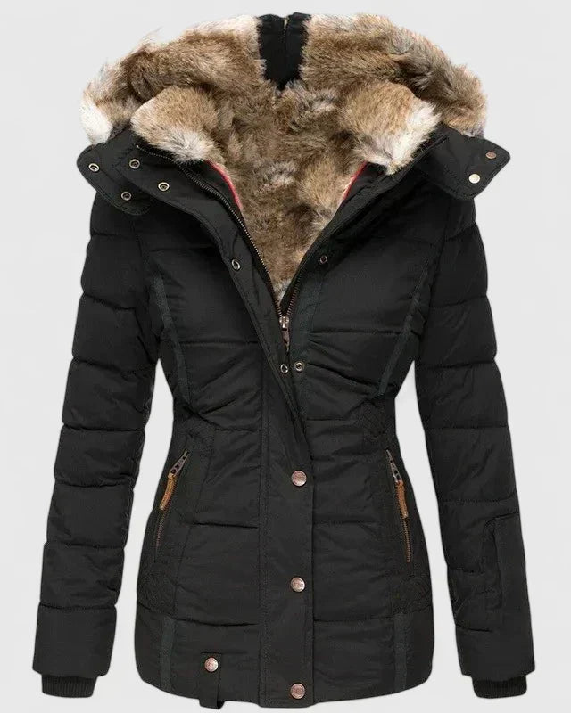 Black puffer coat with faux-fur hood trim and button-front, hooded parka jacket