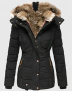 Black puffer coat with faux-fur hood trim and button-front, hooded parka jacket