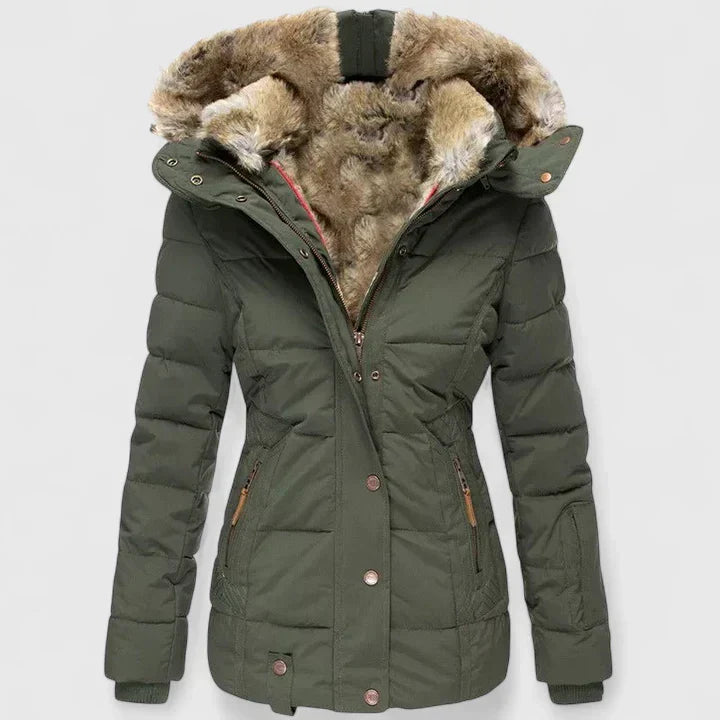 Green puffer coat with faux-fur hood trim and button-front, hooded parka jacket