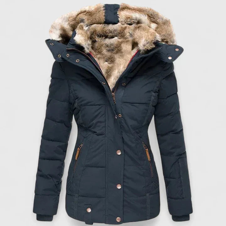 Dark blue puffer coat with faux-fur hood trim and button-front, hooded parka jacket