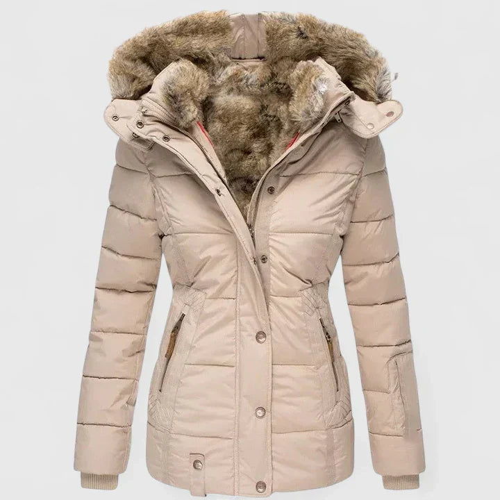 Beige puffer coat with faux-fur hood trim and button-front, hooded parka jacket