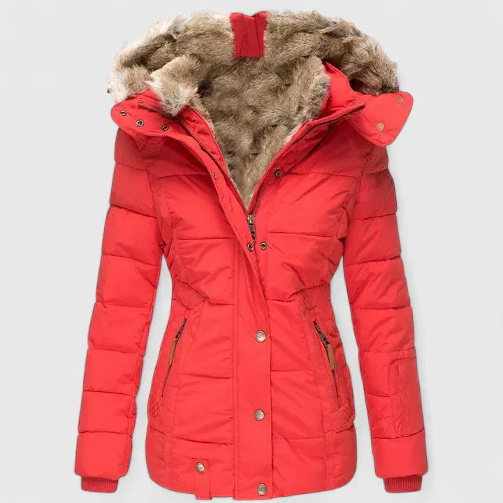 Red puffer coat with faux-fur hood trim and button-front, hooded parka jacket