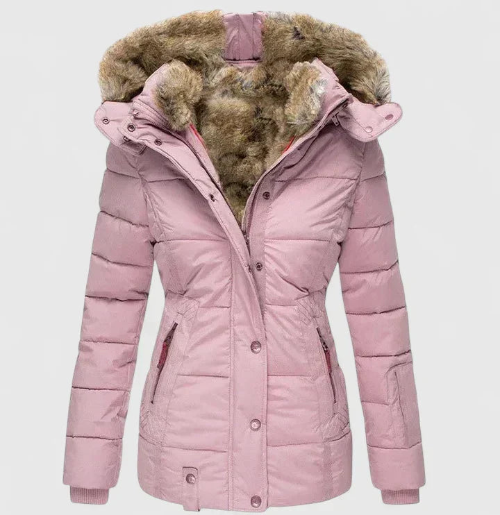 Pink puffer coat with faux-fur hood trim and button-front, hooded parka jacket