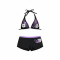 Purple floral triangle bikini set with halter top and matching high-cut briefs