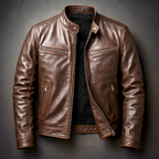 Brown leather jacket with snap collar, front zipper, and two chest zip pockets.