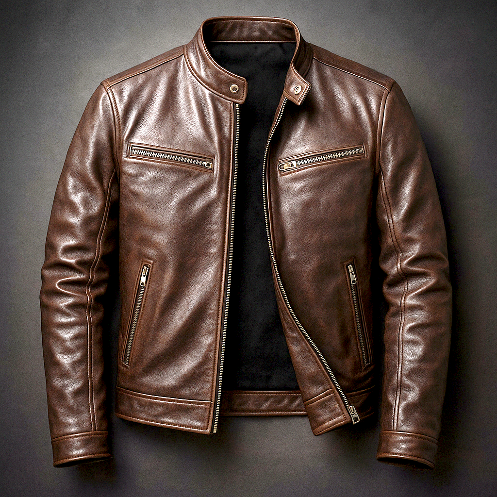 Brown leather jacket with snap collar, front zipper, and two chest zip pockets.