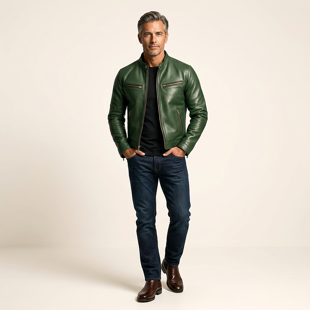 Men's green leather jacket with full zip and flap chest pockets, stand collar