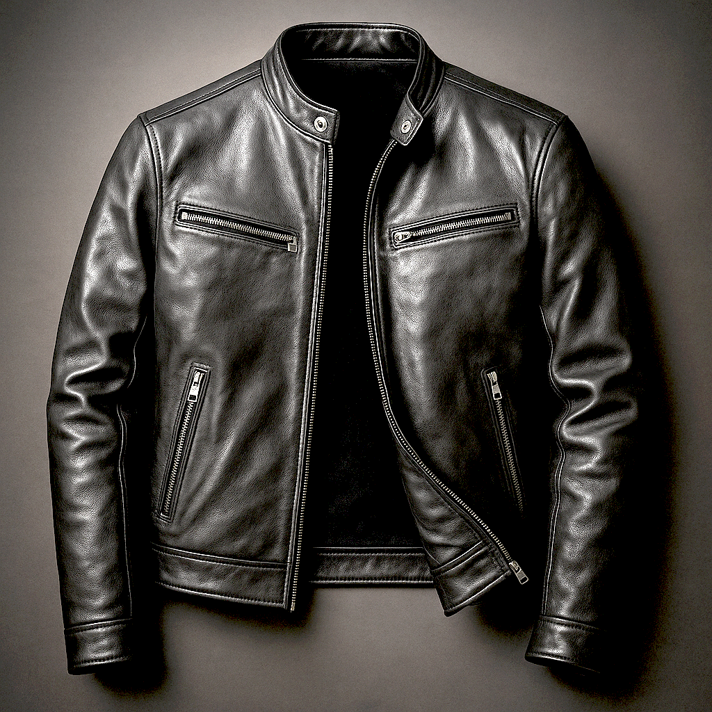 Black leather jacket with snap collar, front zipper, and two chest zip pockets.