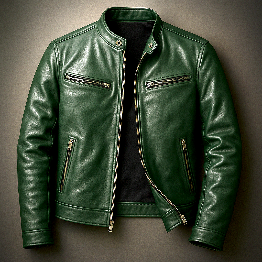 Green leather jacket with snap collar, front zipper, and two chest zip pockets.