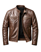 Brown leather zip-up jacket with snap button collar and two chest zip pockets.