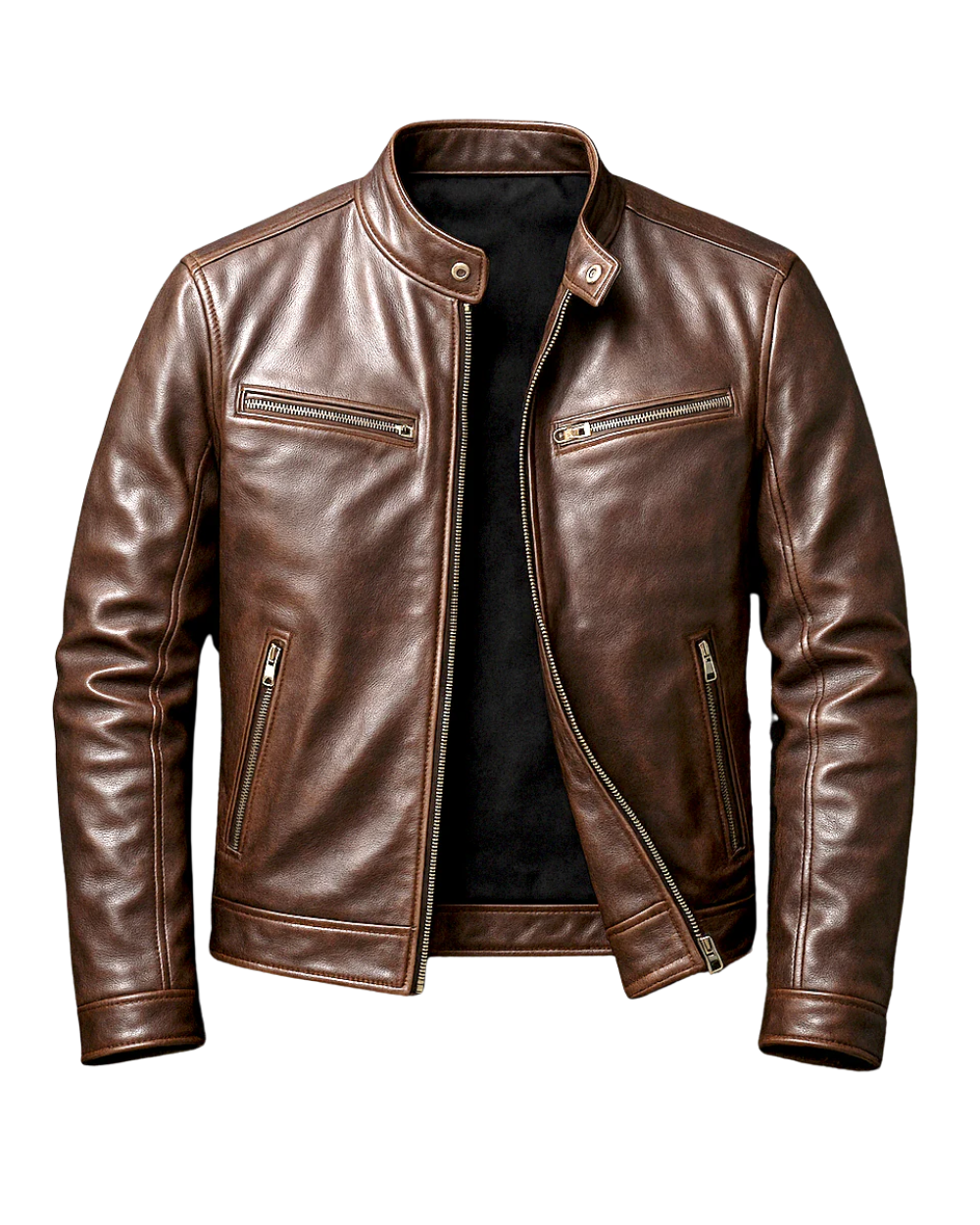 Brown leather zip-up jacket with snap button collar and two chest zip pockets.