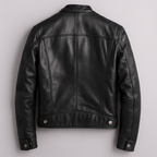 Black leather jacket back view with shoulder seams and snap cuff buttons.