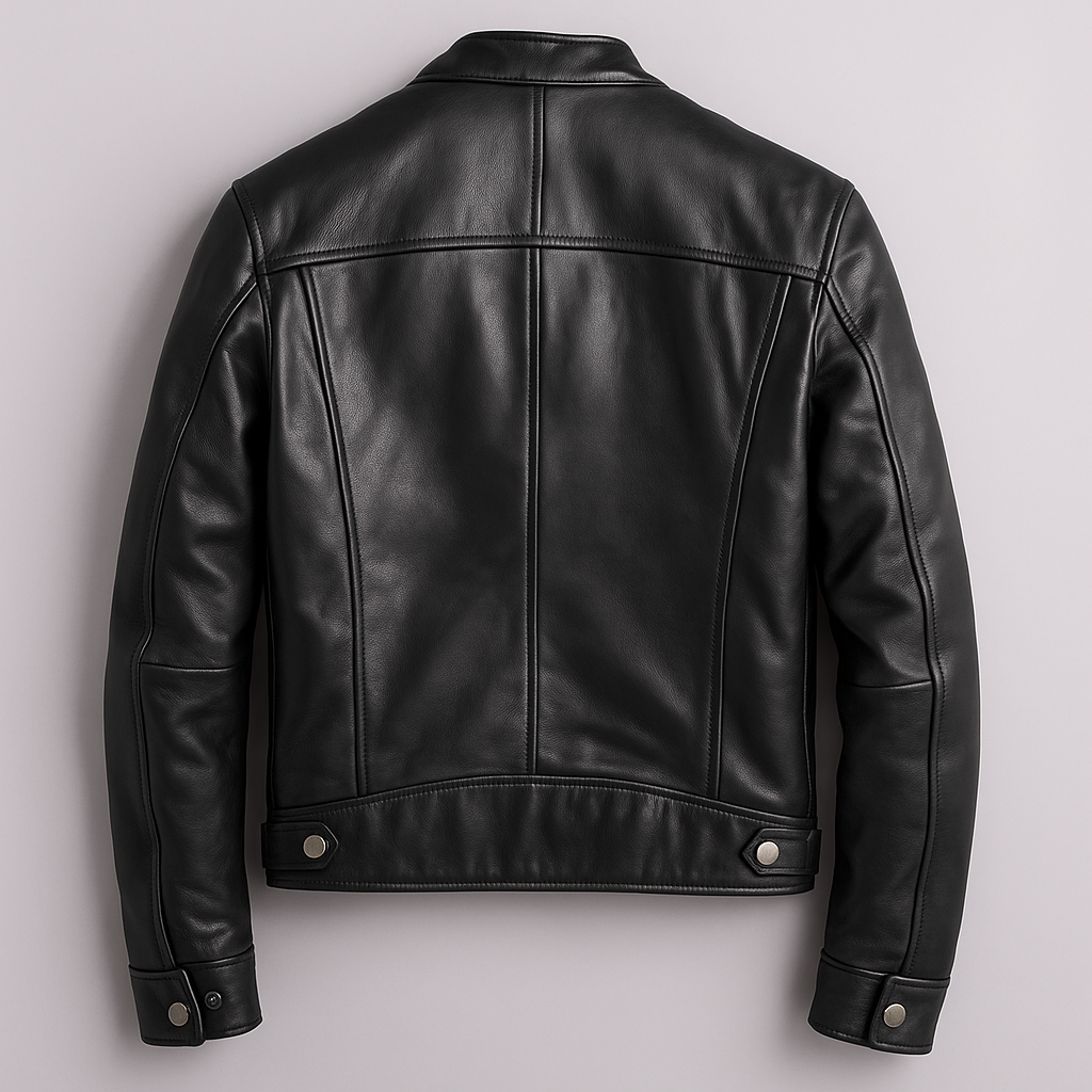 Black leather jacket back view with shoulder seams and snap cuff buttons.
