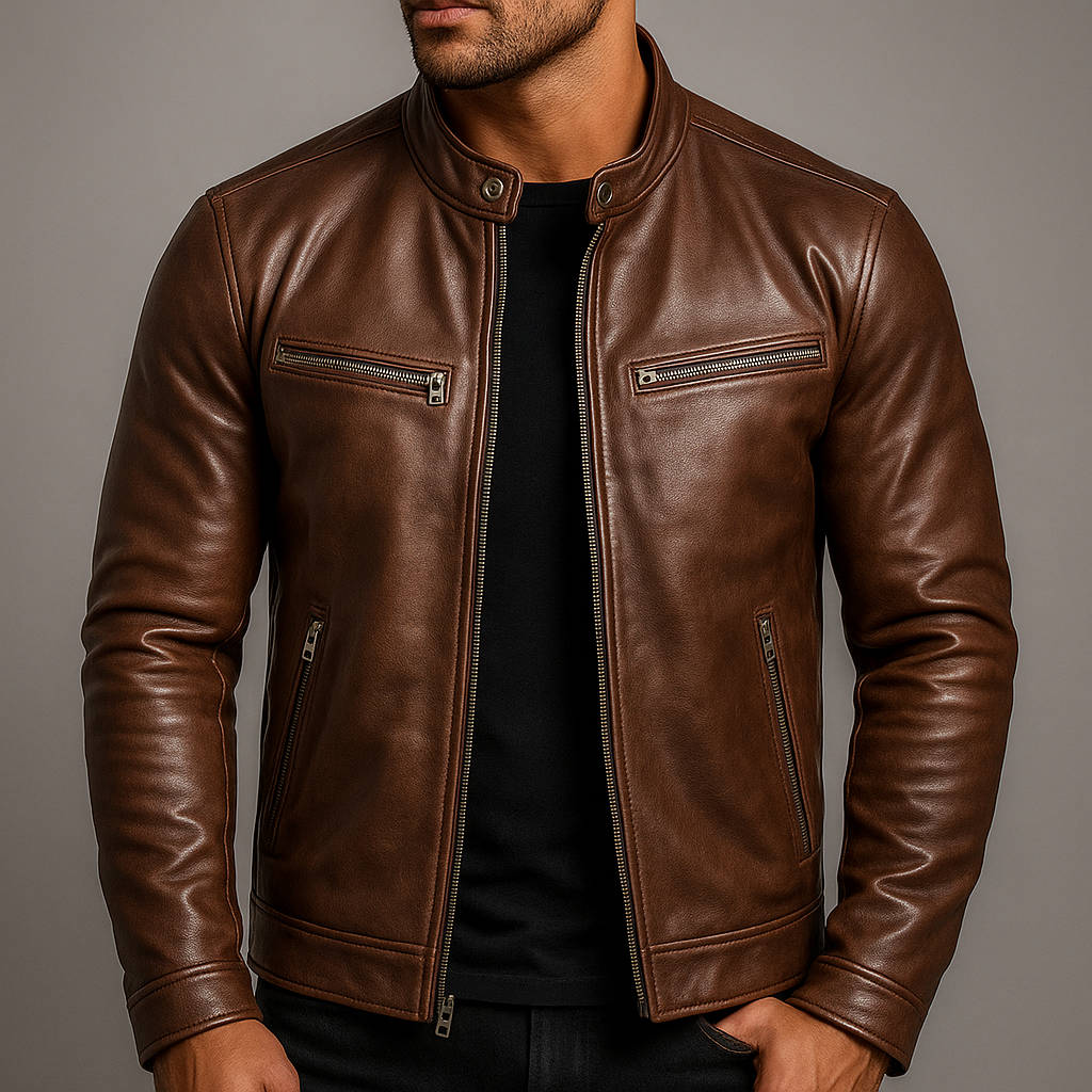 Brown leather jacket with snap collar, front zipper, and two zippered chest pockets.