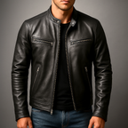 Black leather jacket with snap collar, front zipper, and two zippered chest pockets.