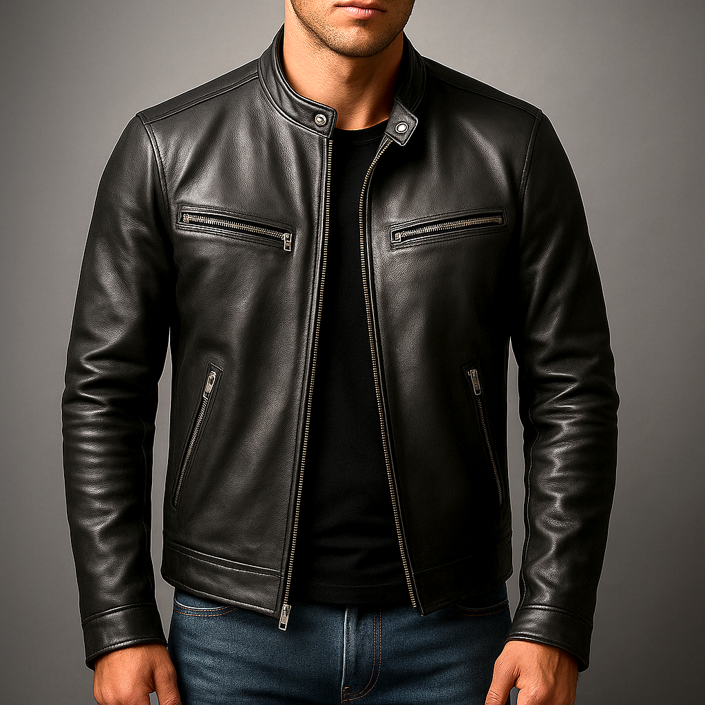 Black leather jacket with snap collar, front zipper, and two zippered chest pockets.