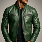 Green leather jacket with snap collar, front zipper, and two zippered chest pockets.