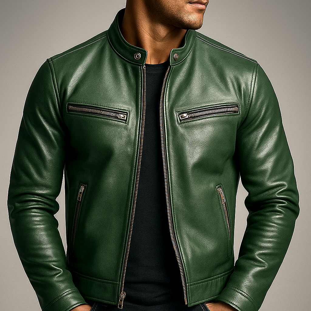 Green leather jacket with snap collar, front zipper, and two zippered chest pockets.
