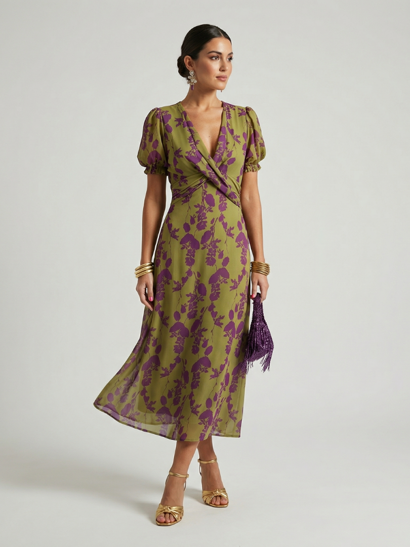 Purple floral wrap midi dress with V-neck, puff sleeves, tie waist, olive green base