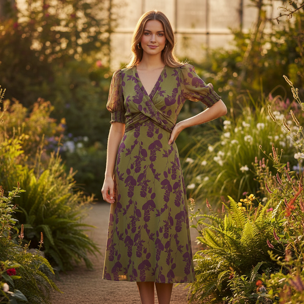 Purple floral wrap midi dress with V-neck, puff sleeves, tie waist, olive green base