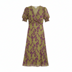 Olive green midi dress with purple floral print, V-neck wrap and puff sleeves, tie waist