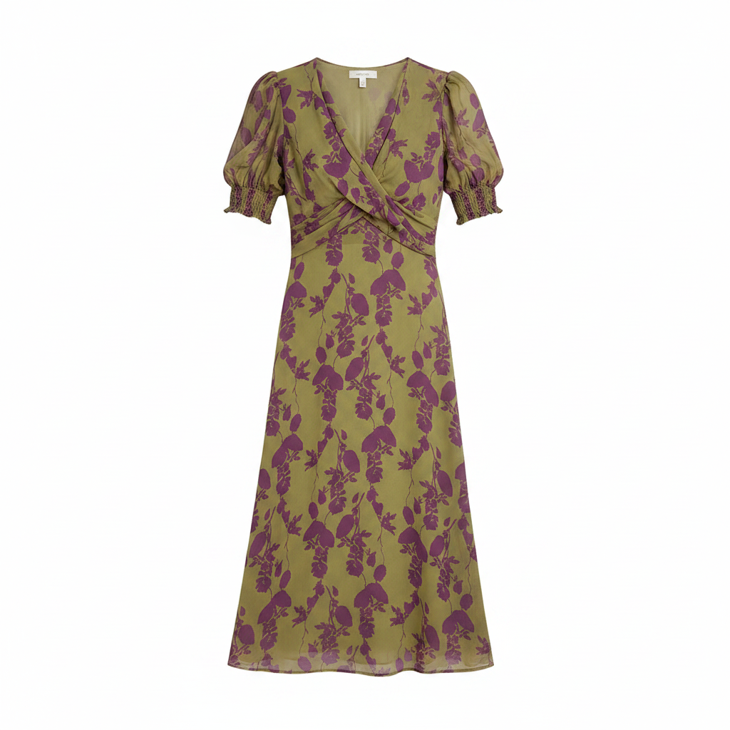 Olive green midi dress with purple floral print, V-neck wrap and puff sleeves, tie waist