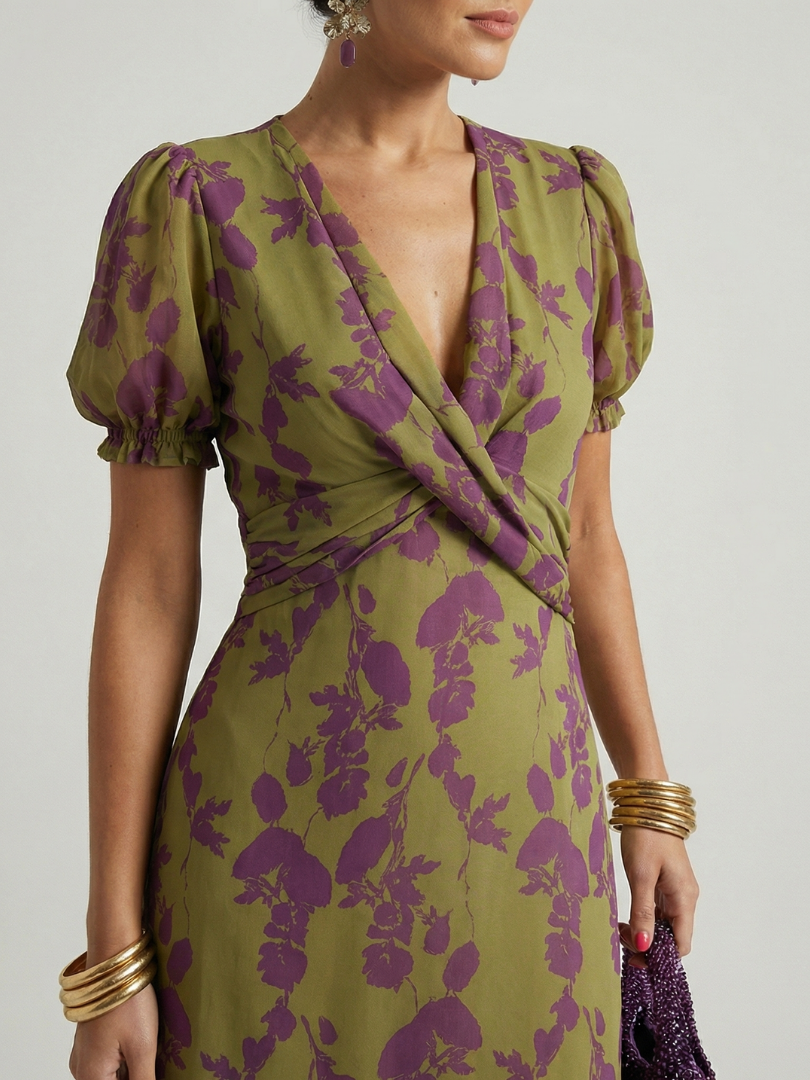 Purple floral wrap midi dress bodice with deep V-neck and puff sleeves, olive green base