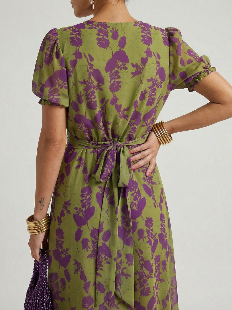 Purple floral midi dress back with puff sleeves and tied waist, olive green base