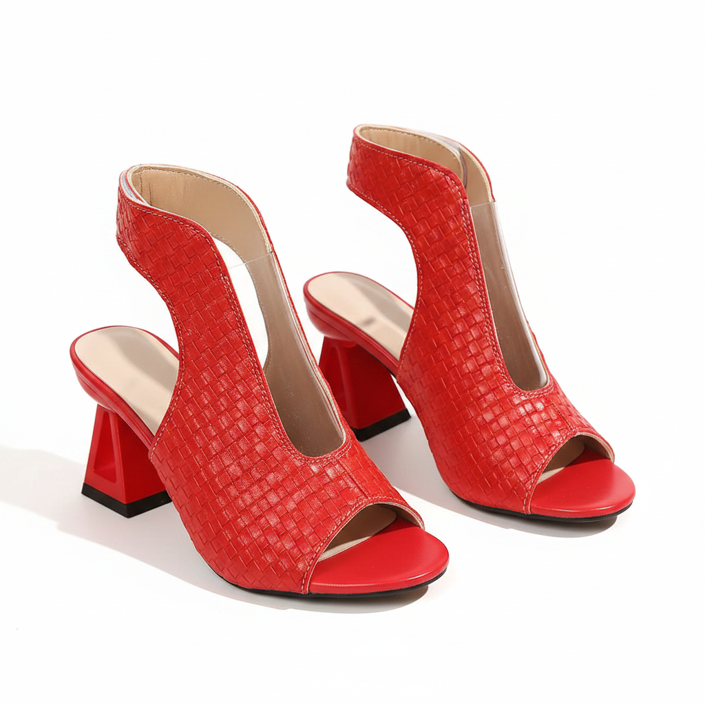 Red woven open-toe block heel sandals with sculptural chunky heel and ankle cutout