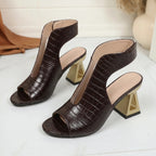 Dark brown woven open-toe block heel sandals with sculptural high heel and ankle-high upper