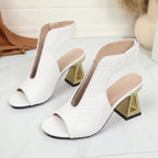 White woven open-toe block heel sandals with sculptural tall heel and ankle-high upper