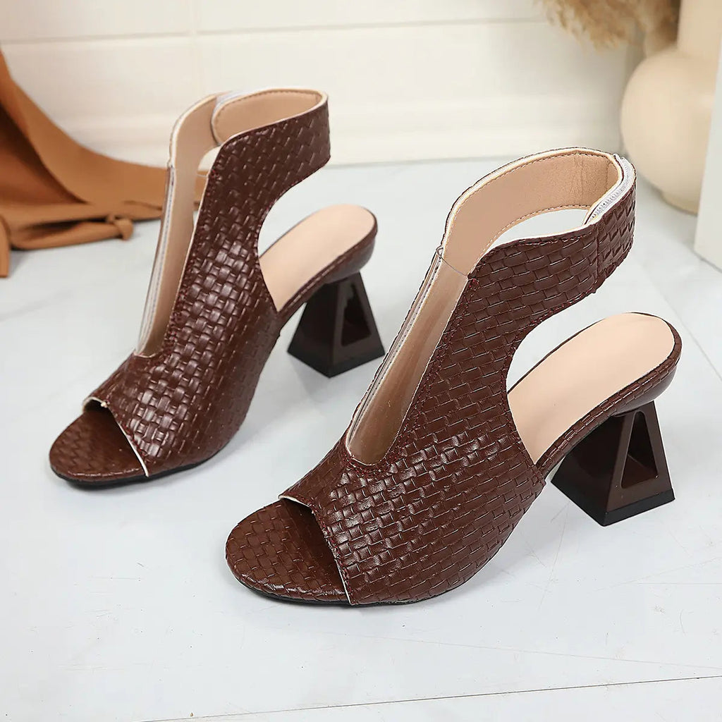 Dark brown woven open-toe block heel sandals with ankle strap