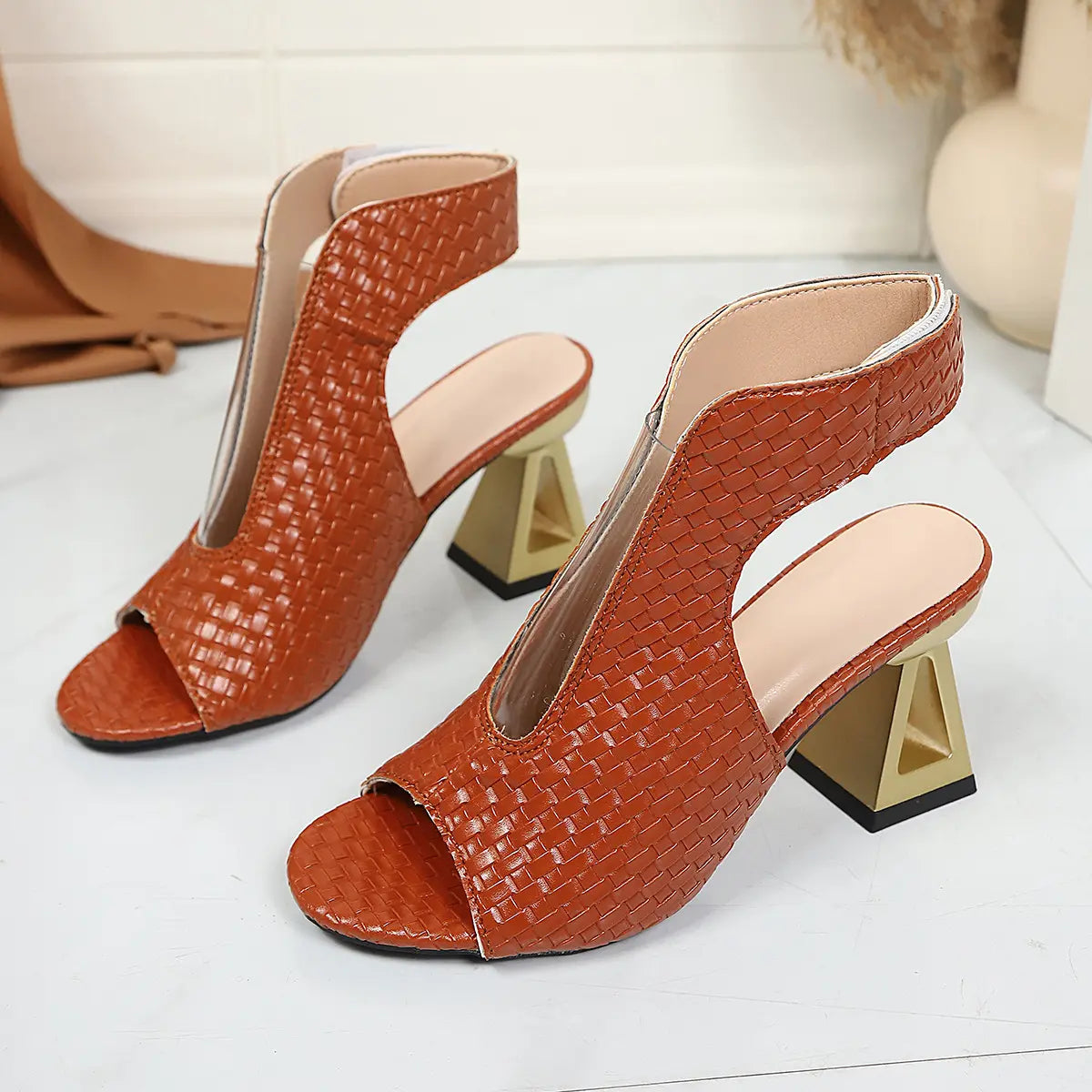 Terracotta woven open-toe block heel sandals with ankle strap