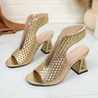 Gold metallic woven open-toe block heel sandals with ankle strap