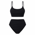 Black smocked texture bikini set: wireless crop top and high-waist matching bottoms