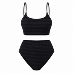 Black smocked texture bikini set: wireless crop top and high-waist matching bottoms