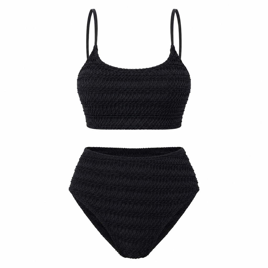 Black smocked texture bikini set: wireless crop top and high-waist matching bottoms