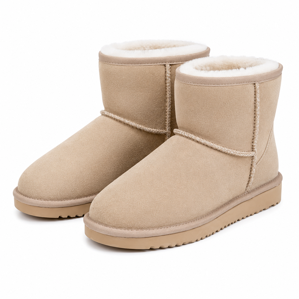 Beige ankle winter boots, fur-lined slip-on with cushioned collar and treaded sole
