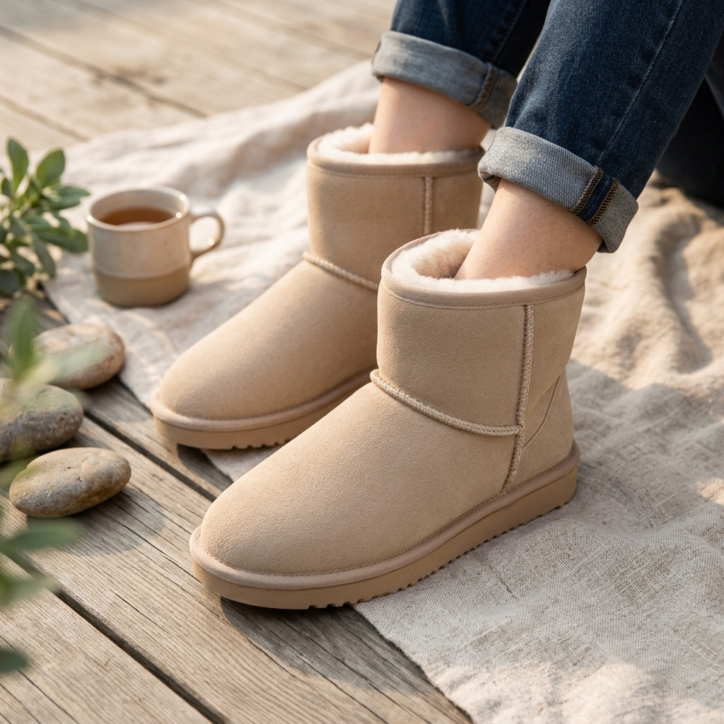 Beige fur-lined ankle boots, slip-on style with padded collar and rubber tread sole