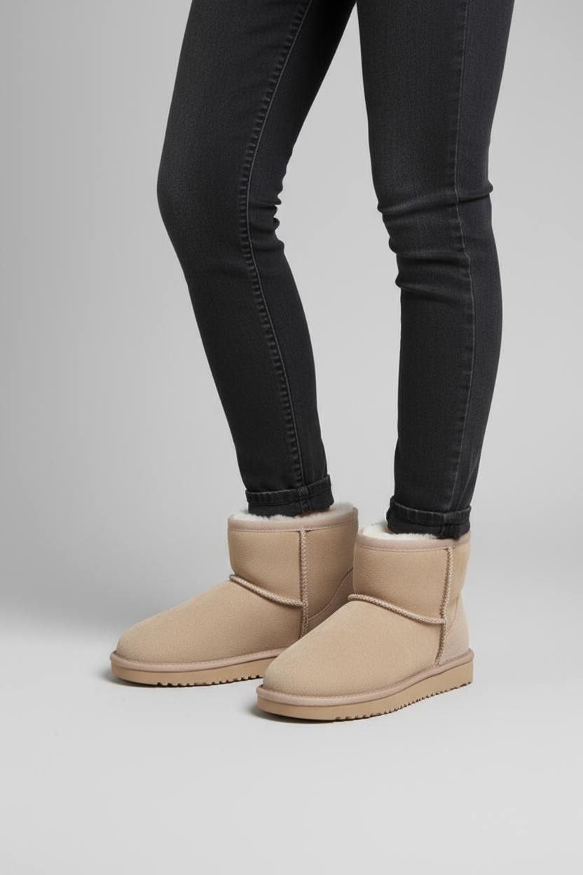 Women's beige ankle boots with faux fur lining and flat sole worn with dark jeans