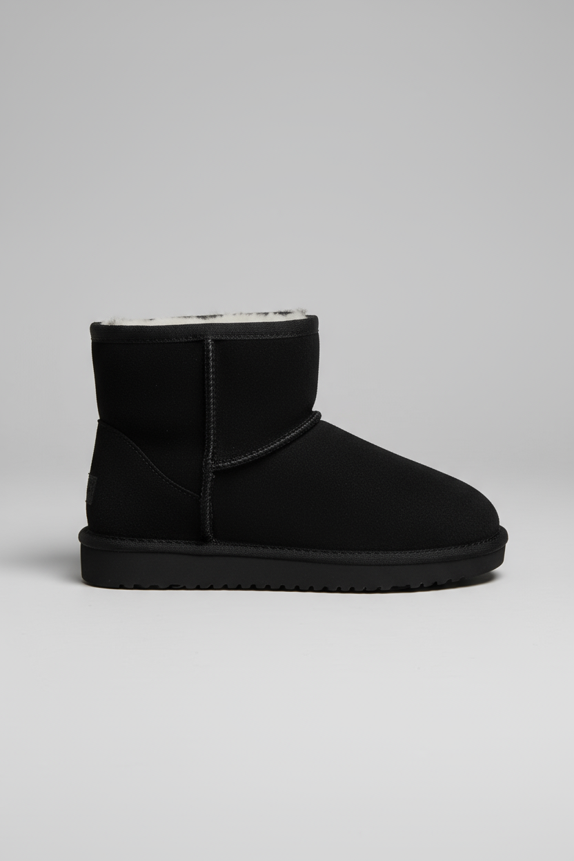 Women's black ankle boots with faux fur lining, stitched seam, flat sole